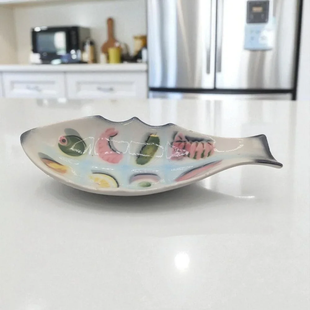 Hand-Painted Ceramic Fish-Shaped Divided Serving Dish With Vibrant Food Motifs